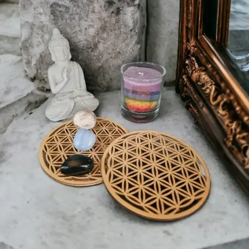 Houten/berken plaquette - Flower of Life